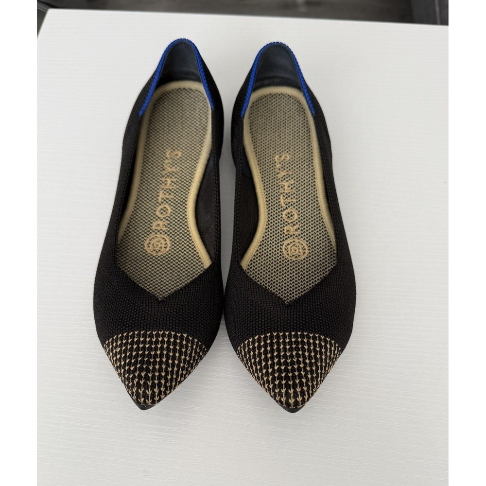 Rothy's The Point Black/Gold Embroidered Cap Toe Flats Women's Size 6 Retired